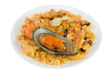 rice with seafood on the plate on white background