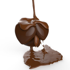 close up chocolate syrup leaking over heart shape symbol