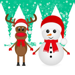 Christmas reindeer and snowman in winter forest