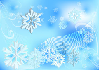 Light blue winter background with 3D snowflakes.