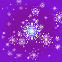 Snowflakes and stars violet square background.