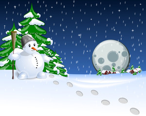 Snow Man and Moon and tree