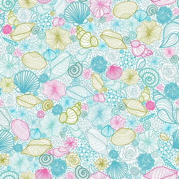 Vector seashells line art seamless pattern background with hand