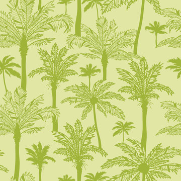 Vector green palm trees seamless pattern background with hand