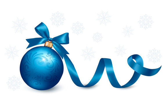 Holiday background with blue gift bow with gift ball. Vector ill