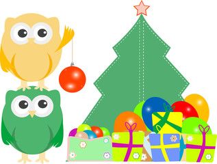 Fototapeta premium owl family with christmas tree, balls, balloons and gift boxes