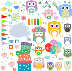 Set of birthday party elements with cute owls