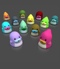 3d cute creature monster character in happy color on gray