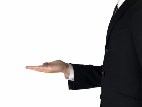 A business man showing something on his hand white background