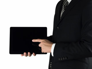 A business man  pointing on touch screen device white background