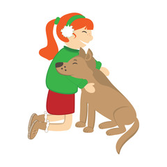 Cute girl caress the dog. Vector illustration