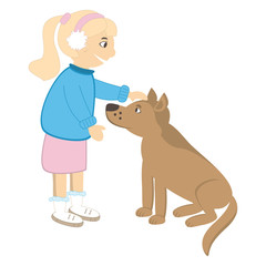 Cute girl caress the dog. Vector illustration