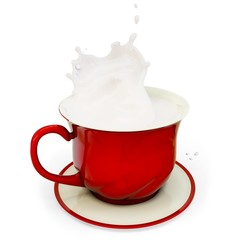 3d red coffee cup with milk splash