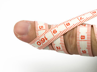 Measuring tape with finger isolated isolated on white background