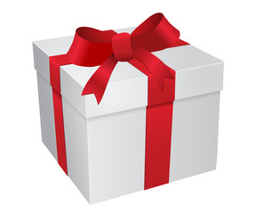 White gift box with red ribbons