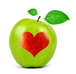 green apple with heart isolated on white