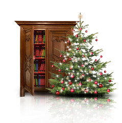 Bücherschrank und Weihnachtsbaum