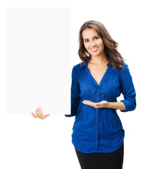 Beautiful young woman showing blank signboard