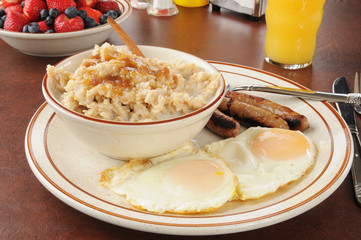 Sausage and eggs with oatmeal