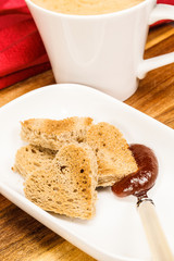 Valentine Breakfast .Toasts with jam and cup of coffee