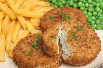 Cod Fishcakes with Chips and Peas