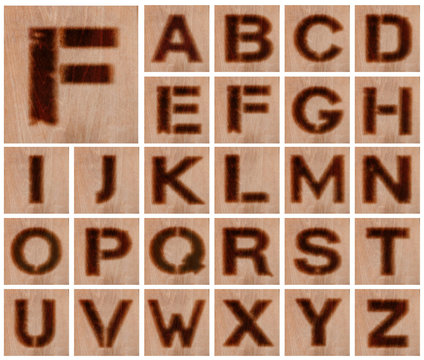 Burned Wood Font. Hot OpenType Alphabet and PNG set