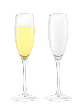 Two narrow glasses, one empty and one filled with champagne