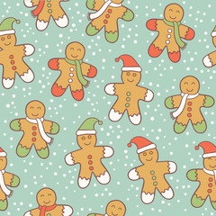 Seamless cute blue pattern with gingerbread men. Vector