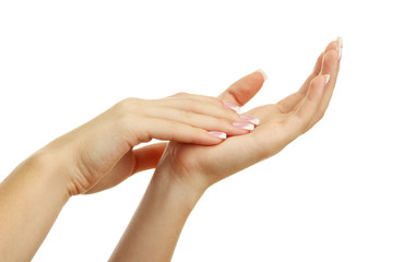 Beautiful woman hands with french manicure, isolated on white