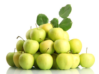juicy apples with green leaves, isolated on white