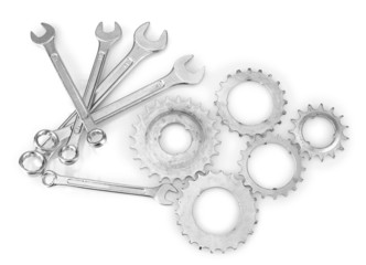 Machine gear, metal cogwheels, nuts and bolts isolated on white