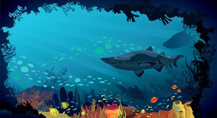 Meubelstickers Onderwaterleven - Koraalrif met haaien en vissen © Natali Snailcat