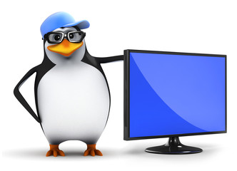 Penguin in baseball cap next to flatscreen television