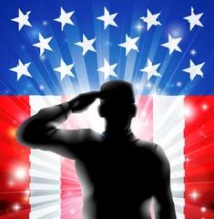 Papier Peint photo Lavable Militaire Soldat militaire du drapeau américain saluant en silhouette