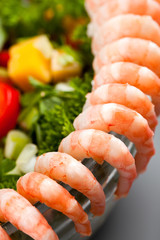 Boiled shrimp salad with cheese and vegetables.
