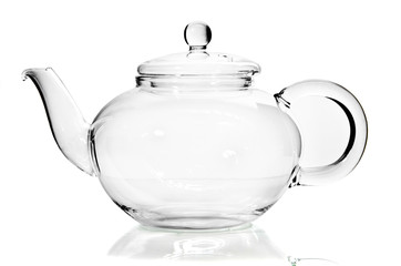 Empty glass teapot on white background