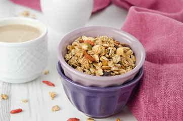 homemade granola with goji berries in a bowl horizontal