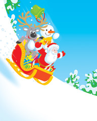 Santa, Reindeer and Snowman with gifts