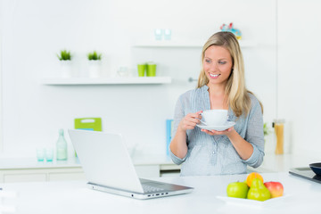 junge frau mit laptop in der küche