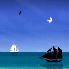 Seascape with black and white ship, bird, blue sky.