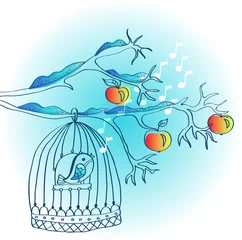Crédence de cuisine en verre imprimé Oiseaux en cages fond d& 39 hiver avec cage et oiseau