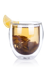 Cup of hot green tea with lemon isolated on white background