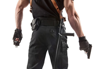 Police officer with handcuffs and gun