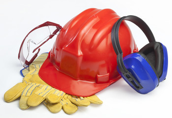 Red safety helmet with earphones and goggles
