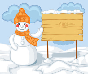 Cute cartoon snowman and billboard