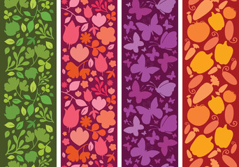 Vector set of four plants and butterflies horizontal seamless