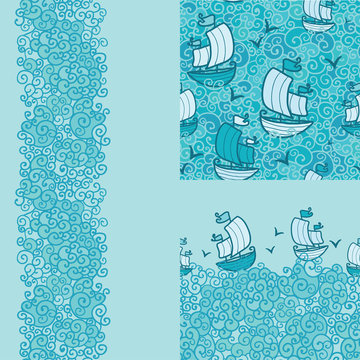 Set of three marine seamless pattern and borders background
