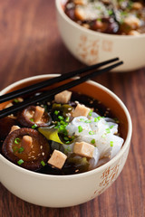 Miso soup with shiitake, tofu, seaweed, noodles shirataki