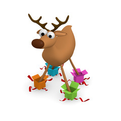 Funny reindeer standing in gift boxes
