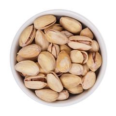 pistachios in small bowl shot from above